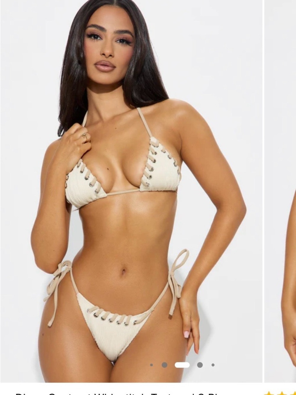 Ribbed Lace-Up Triangle Bikini Set - Cream